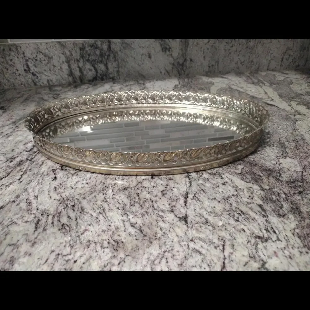 Vintage Hollywood Regency metal and mirror vanity tray oval